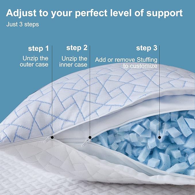 Pillows Standard Size - Adjustable Firm Pillow for Back Stomach and Side Sleeper - Shredded Memory Foam Cooling Pillow for Neck and Shoulder Pain with Washable Cover and Bonus Foam Fill
