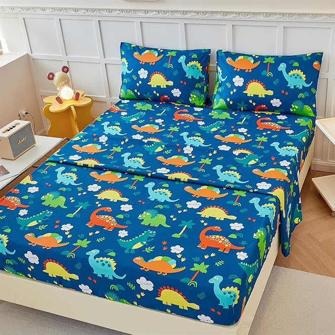 RYNGHIPY Kids Dinosaur Sheets Set for Boys Soft Microfiber Dino Sheets for Twin Size Bed Deep Pocket Fitted Sheet Flat Sheet and Pillowcase (Blue Dinosaur,Twin)