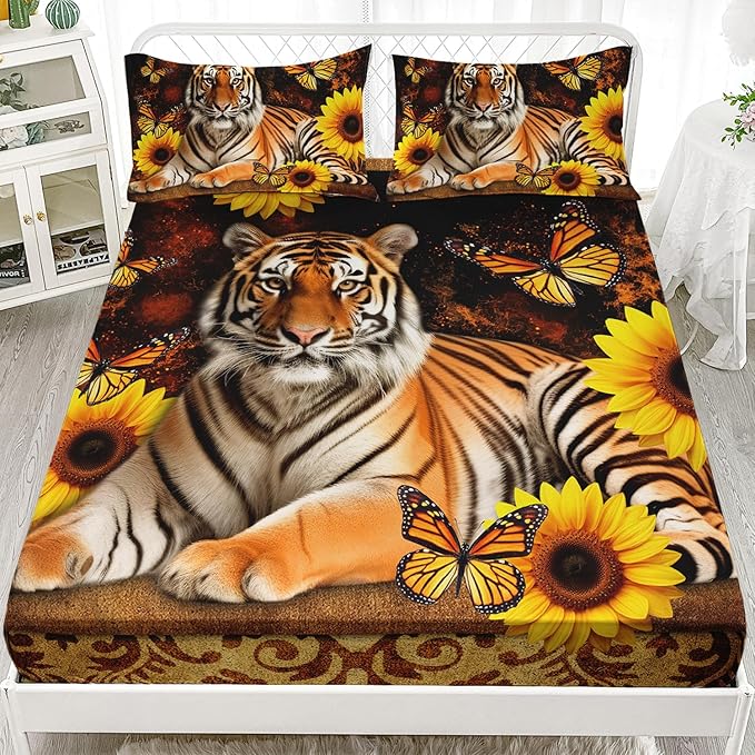 AILONEN Tiger Fitted Sheet Set Twin Size, Vintage Retro Boho Bed Sheet Set Sunflower Butterfly Sheet Set,3 Pieces Printed Teen Boys Tiger Fitted Sheet with 2 Pillowcases