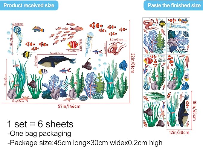 6 Sheets Under The Sea World Wall Decals Ocean Animals Wall Decals Removable DIY Watercolor Whale Jellyfish Fish Starfish Seaweed Ocean Grass Decor for Kids Living Room Bedroom Bathroom Decor