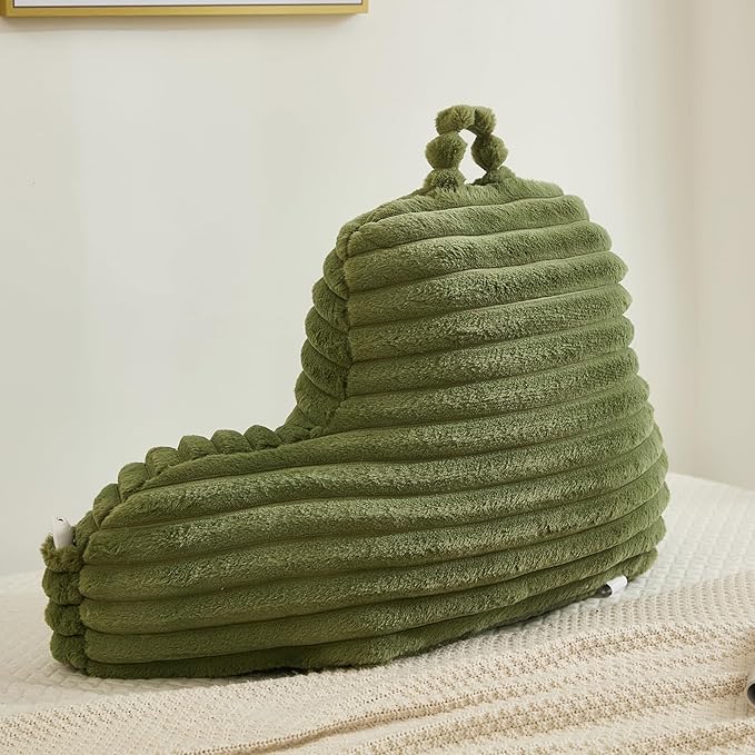 Faux Fur Fluffy Sage Reading Pillow with Pockets, Luxury Striped Plush Decorative, Arm Rests and Back Surport for Bed Rest, Lounging on sofa, Large