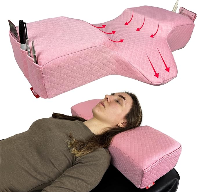 Pillow for Eyelash Extensions - Curved Memory Foam Lash Bed Pillow with Neck and Back Support, Perfect Pillow for Eyelash Extensions, Two Pockets for Tools On The Sides of Pillow (Pink)