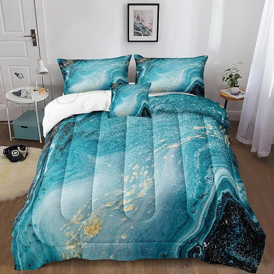 Bedbay Blue Marble Comforter King Size Blue and Gold Marble Bedding Set for Women Adults Western Bedroom Decor Aesthetic Watercolor Marble Quilt Set 4 Pcs Soft Microfiber Duvet Set (Blue,King)