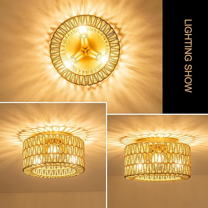 MAYNA 3-Light Boho Light Fixtures Ceiling Mount, Hand-Woven Chandelier Light Fixture,Farmhouse Rattan Flush Mount Ceiling Light for Hallway Bedroom Kitchen Living Room Entryway (Gold)