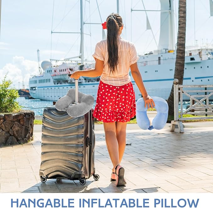 Sintuff 2 Pack Inflatable Travel Pillow for Airplanes Inflatable Neck Pillows with Compact Bag and Blindfold Soft Flight Pillow for Traveling, Airplane, Train, Car, Office(Light Gray and Sky Blue)