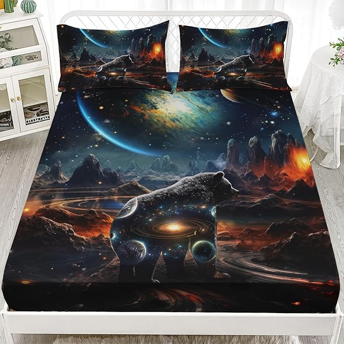 AILONEN Panther Fitted Sheet Set Twin Size, Galaxy Starry Planet Volcano Boys Black Bear Bed Sheet Set,3 Pieces Printed Fitted Sheet with 2 Pillowcases