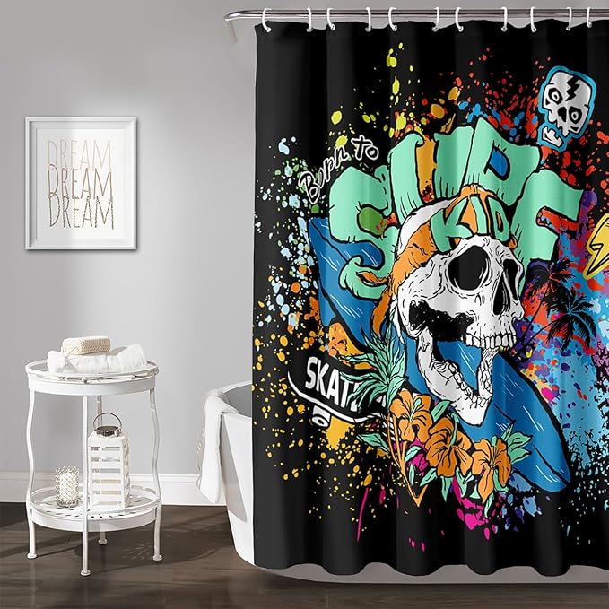 AILONEN Surf Skull Shower Curtain for Bathroom,Colorful Graffiti Flower Art Bathroom Curtain for Kids Boys Girls,Bath Curtain 72" W*96" H Polyester Waterproof Bathroom Curtain with 12 Hooks