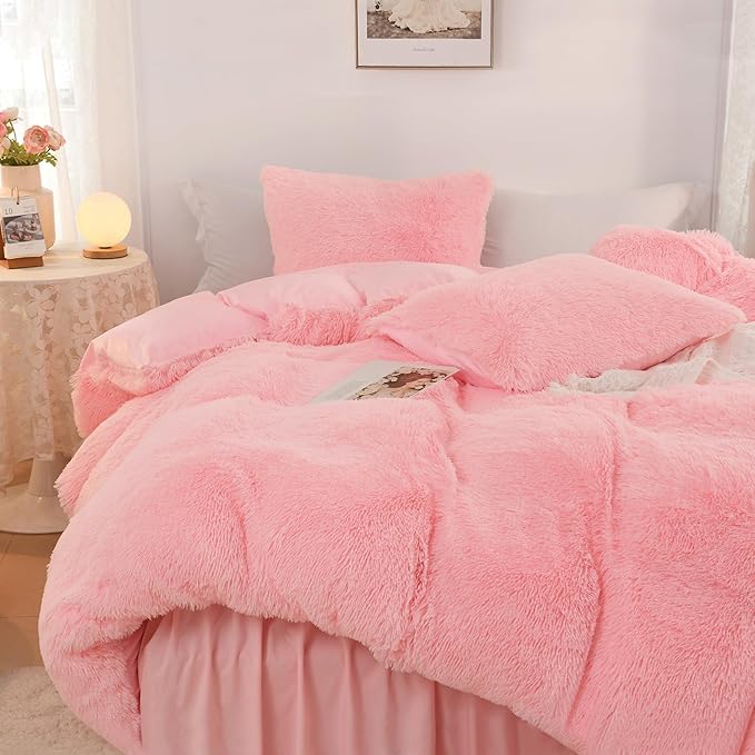 Litanika Pink Fluffy Comforter Queen Size, Luxury Shaggy Faux Fur Bedding Set Cute for Women Girls, Ultra Soft Velvet Fuzzy Comforter Queen Bed 3 Pieces(1 Plush Comforter 90×90 Inch, 2 Pillowcases)