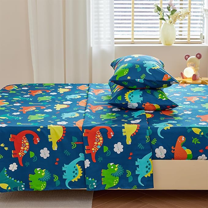 RYNGHIPY Kids Dinosaur Sheets Set for Boys Soft Microfiber Dino Sheets for Twin Size Bed Deep Pocket Fitted Sheet Flat Sheet and Pillowcase (Blue Dinosaur,Twin)