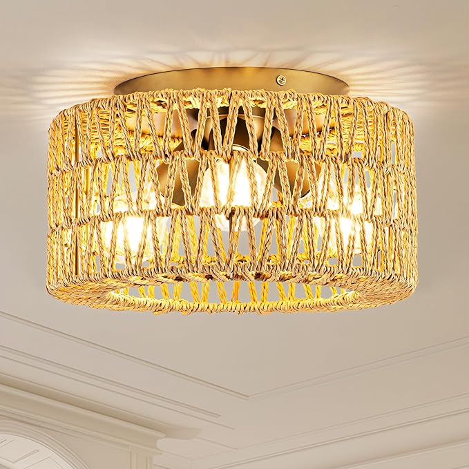 MAYNA 3-Light Boho Light Fixtures Ceiling Mount, Hand-Woven Chandelier Light Fixture,Farmhouse Rattan Flush Mount Ceiling Light for Hallway Bedroom Kitchen Living Room Entryway (Gold)