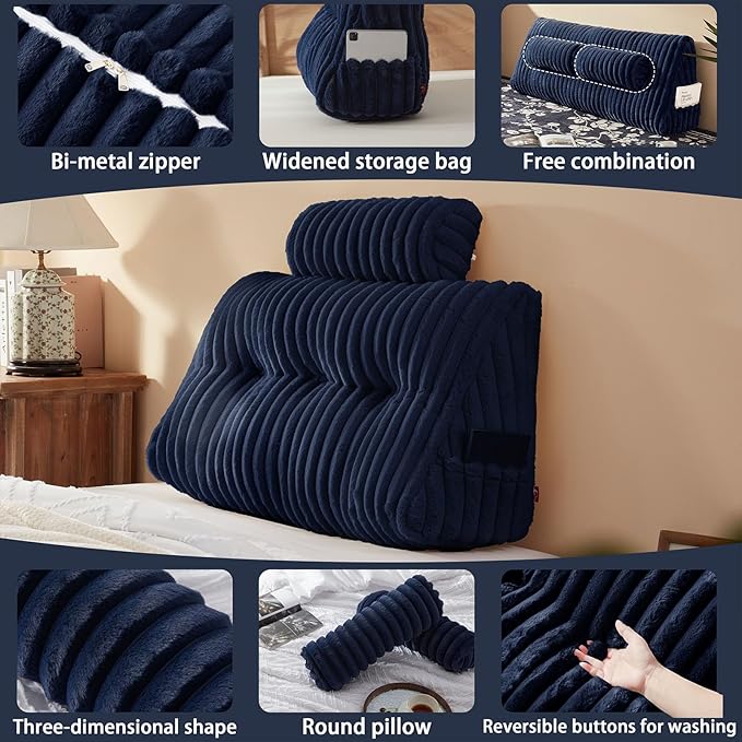 Faux Fur Headboard Pillow with 2 Pack Neck Roll Pillow Large Headboard Pillow Soft and Supportive with Removable Cover (Blue, Twin)