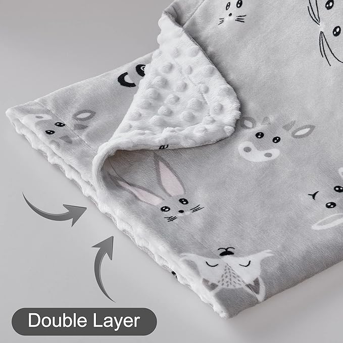 DaysU Silky Micro Soft Plush Baby Blankets Unisex with Print Animal Pattern and Soothing Raised Dots, Double Layer Bed Throws for Toddler Cot, Animal Faces, Grey, 50x60 Inches