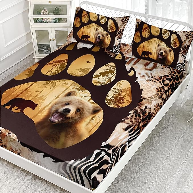 AILONEN Cute Bear Full Fitted Sheet Set for Girls Boys, Bear Paw Sheet Leopard Print Fitted Sheet with 2 Pillowcases,3 Pieces Rustic Vintage Bear Bed Sheet Set