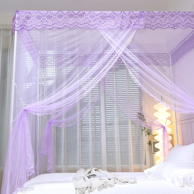 Bed Canopy, Princess Bed Curtain Net for Girls & Adults，Three-Doors Rectangle Lace Dome Netting (Purple, King)