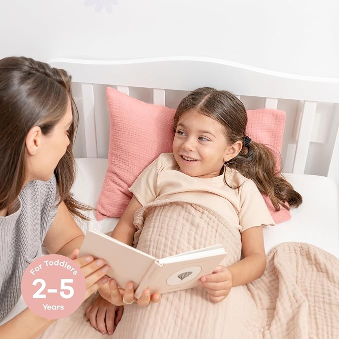 Comfy Cubs Toddler Pillow with Soft Muslin Pillowcase, 13"x18", Blush - Kids Pillow for Sleeping & Travel - Adorable & Comfortable Small Pillow - Kids Travel Pillow with Breathable Microfiber Fill