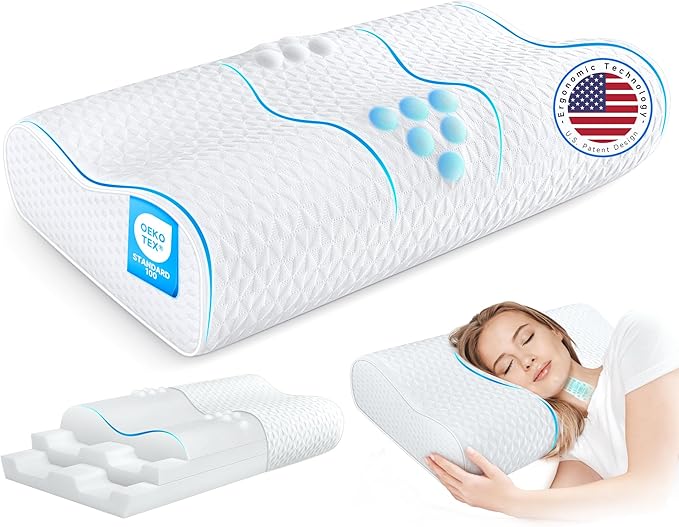 Sandwich Cervical Neck Pillow Queen Size - Dynamic Memory Foam Pillow for Neck Shoulder Pain Relief, Ergonomic Adjustable Bed Contour Pillow for Side, Back & Stomach Sleepers CertiPUR-US