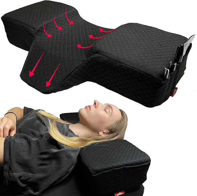 Pillow for Eyelash Extensions - Curved Memory Foam Lash Bed Pillow with Neck and Back Support, Perfect Pillow for Eyelash Extensions, Two Pockets for Tools On The Sides of Pillow (Black)