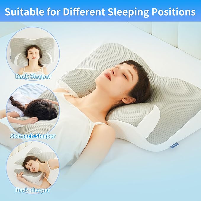 Cervical Neck Pillow for Pain Relief, Contour Memory Foam Pillows for Sleeping, Ergonomic Neck Support Pillow, Suitable for Side Back Stomach Sleepers with Cooling Pillowcase, Grey