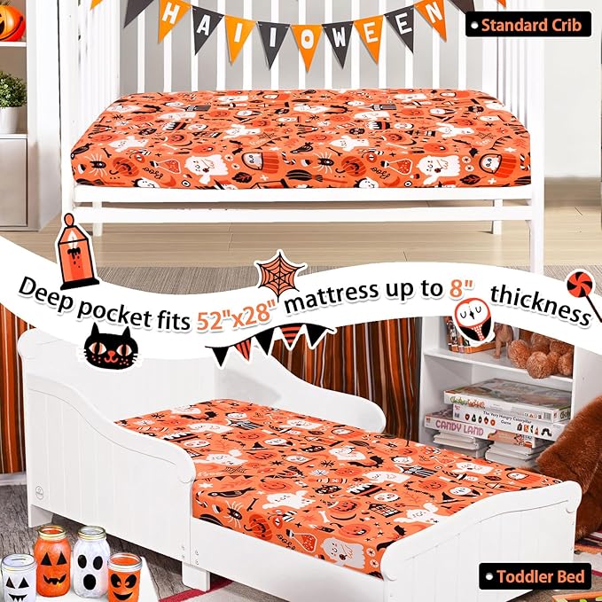 JISEN Halloween Crib Sheet Pumpkins Fitted Crib Sheet for Boys Girls Crib Mattress Cover Baby Sheet for Standard Crib and Toddler Mattress Soft Breathable Baby Bed Sheet for Neutral 52x28 Inch Ghosts