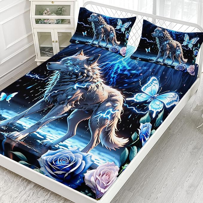 AILONEN Wolf Fitted Sheet Set Queen Size, Blue Lightning Wolf Butterfly Safari Wolf Bed Sheet Set,3 Pieces Teen Boys Sheet Set,Cool Wolf Fitted Sheet with 2 Pillowcases