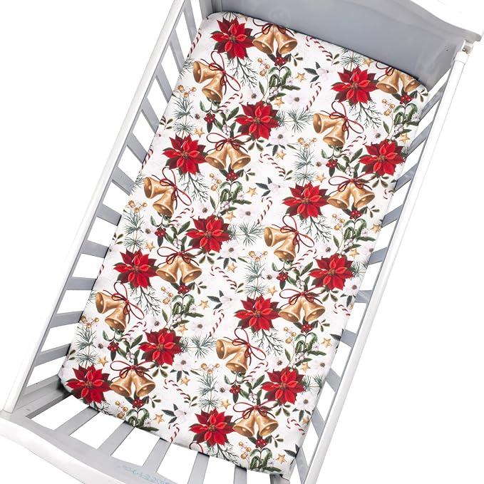 JISEN Baby Crib Sheet 1 Piece Portable Fitted Crib Sheet for Standard Crib and Toddler Mattresses Nursery Bed Decor for Boys Girls 28x52 Inch Christmas Flower