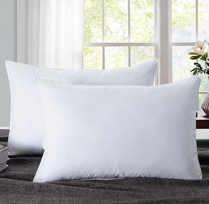Puredown® Feathers Blend Soft and Flat Pillow with 100% Cotton Cover, Standard Size, Set of 2