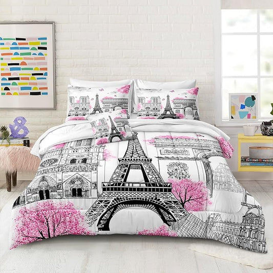 Bedbay Pink Paris Comforter Set Eiffel Tower Duvet Set Aesthetic Bedding for Girls Women Pink and Grey Comforter Quilt Set Paris Decor Summer Lightweight Comforter,No Sheets(Paris,King)