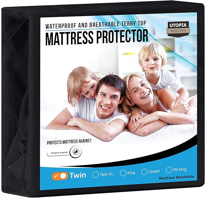 Utopia Bedding Waterproof Mattress Protector Twin Size, Premium Terry Mattress Cover 200 GSM, Breathable, Fitted Style with Stretchable Pockets (Black)