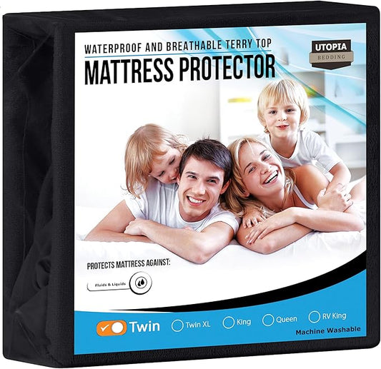 Utopia Bedding Waterproof Mattress Protector Twin Size, Premium Terry Mattress Cover 200 GSM, Breathable, Fitted Style with Stretchable Pockets (Black)