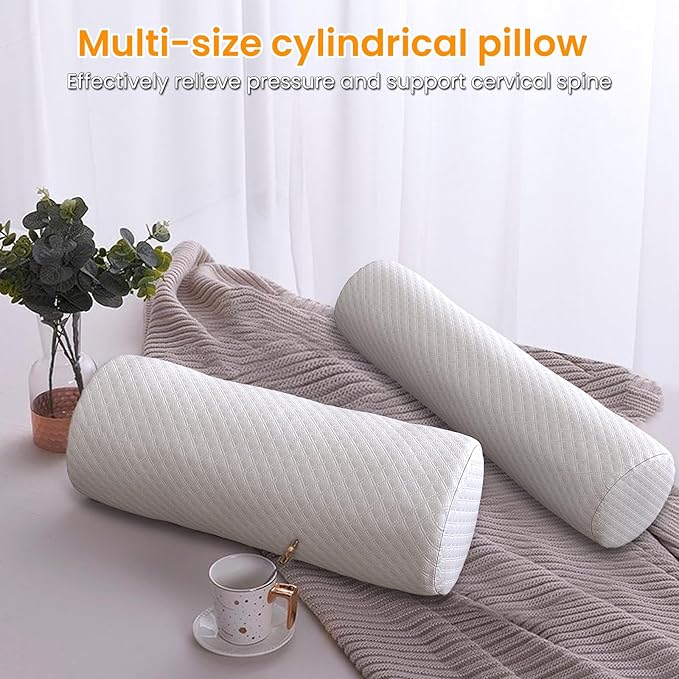 Neck Pillow for Sleeping, Cervical Pillow with Washable Zippered Cover, Cervical Round Pillow for Support with Breathable Cover, Tube Roll Cervical Pillow for Head, Neck, Back Support (White)