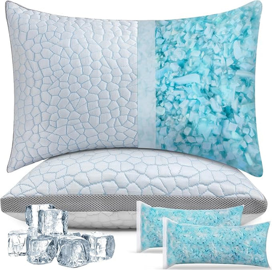 Cooling Pillows for Sleeping Queen Size Set of 2,Shredded Memory Foam Bed Pillow with Pillow Case-Double Sided Material,Adjustable Loft Queen Pillow for Side & Back Sleeper-Medium Firm