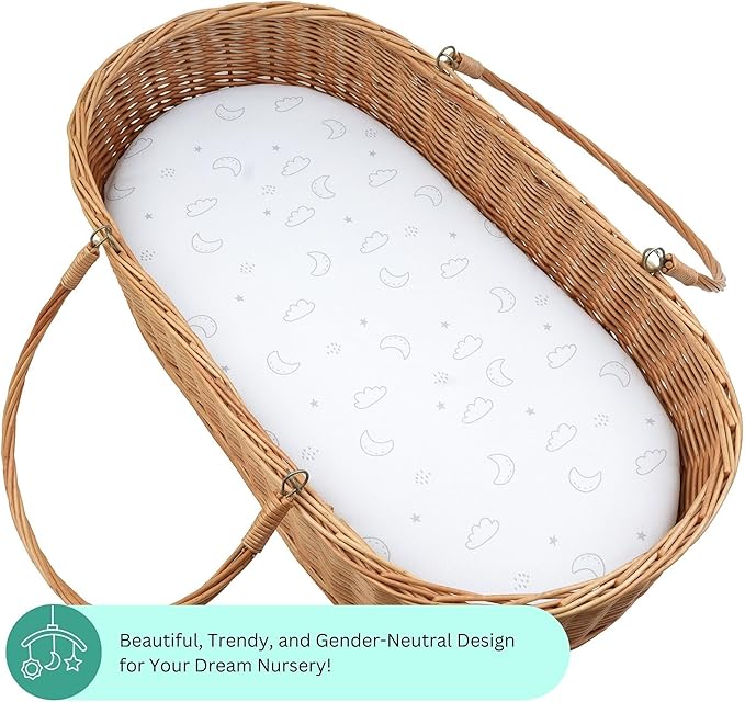 Bassinet Sheets for Dream On Me Karley, Plus, Lacy, Small Regalo Basics, Baby Delight Slumber, Snuggle Nest, Graco Carry Cot, 3 Pack, 16 x 32, Ultra Soft, Unisex Boys Girls, Gray (Moon, Stars, Clouds)