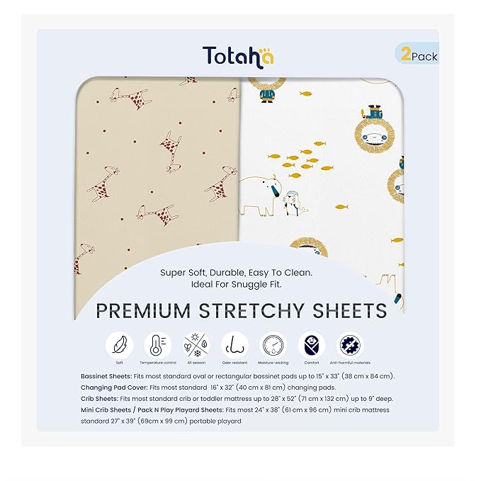 TotAha Premium Soft Bassinet Sheet for Boy Girl, Super Stretchy Jersey Knit Bassinet Fitted Sheet, Compatible with Halo, Maxi COSI, Mika Micky, SNOO, and Other Bassinet, 2 Pack (Cute Deer & Sheep)