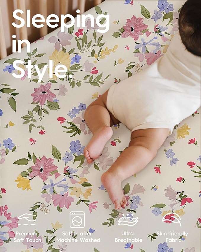 Baby Crib Sheets Girl, TotBasic Premium Soft Crib Mattress Sheet, Ultra Breathable Floral Crib Sheet Fitted, Super Stretchy Jersey Cotton Crib 28" x52‘’x9'' Extra Deep Pocket (Pastel Rosa)