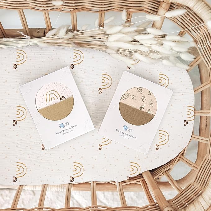 Muslin Bassinet Sheets Baby: Cotton Bassinet Sheets Fitted for Boys and Girls - Bassinet Sheets for Oval Rectangle or Hourglass Mattress(Khaki Rainbow)