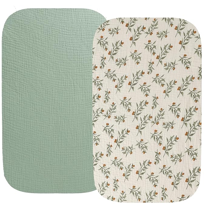 Muslin Bassinet Sheet Compatible with Baby Delight Beside Me Dreamer Bassinet, 2 Pack Cotton Stylish Boho Fitted Bassinet Sheets Super Soft for Baby Roman Green & Botanical Leaf