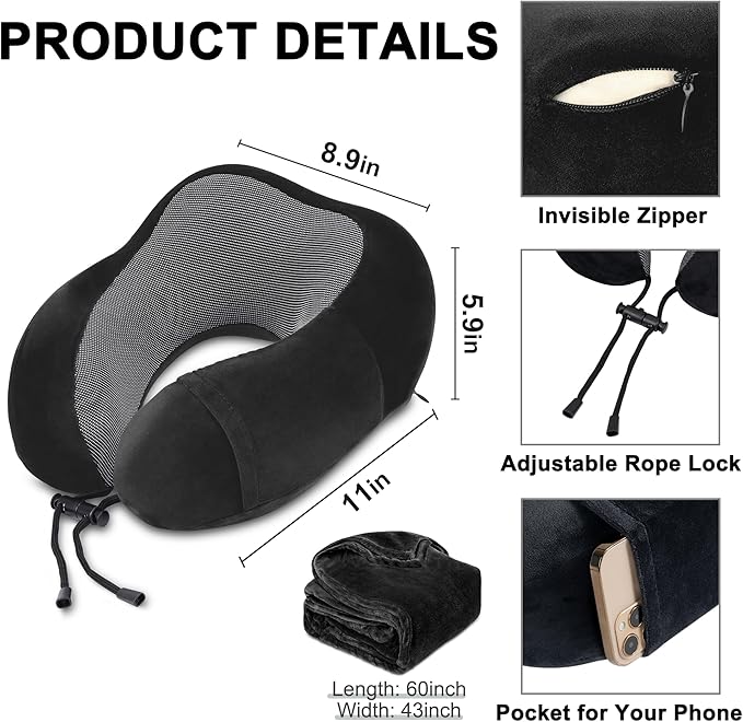Travel Pillow and Blanket Set Neck Pillow Airplane Memory Foam for Traveling Compact with Bag Black