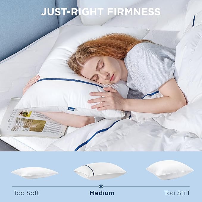 Bedsure Hotel Pillows - Luxury Bed Pillows for Sleeping with Decoration Strip Breathable Cover Soft & Supportive Pillows for Side, Back or Stomach Sleepers (2, Blue, King)