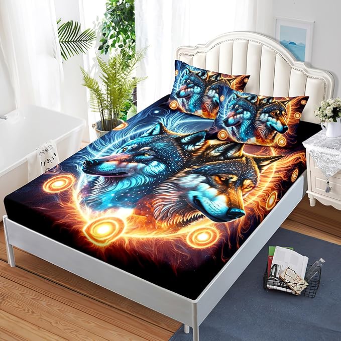 AILONEN Boys Wolf Fitted Sheet Set Twin XL Wolf Bed Sheet Set, Wildlife Animal Theme Fitted Sheet with 2 Pillowcases,3 Pieces Ice and Fire Light Wolves Print Fitted Sheet Set