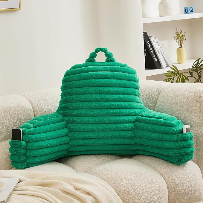 WERDIM Reading Pillow for Sitting in Bed, Faux Fur Back Pillow for Bed Rest, Bed Chair Pillow with Arms and Pockets(Large, Emerald)