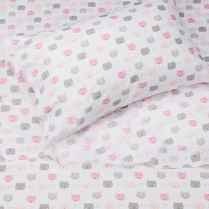 Amazon Basics Kid's Soft Easy-Wash Lightweight Microfiber 3-Piece Sheet Set, Toddler, Pink Kitties