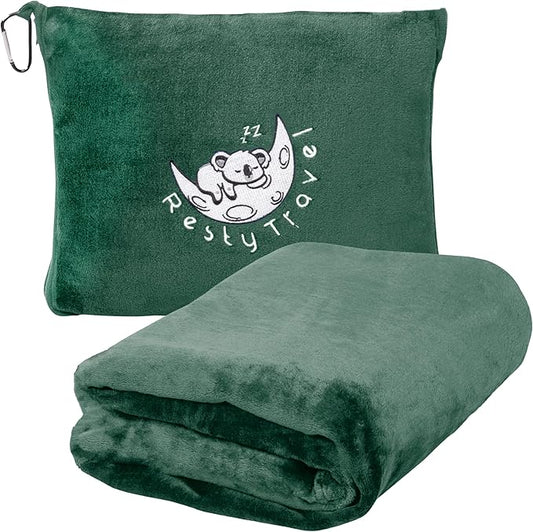 Resty Travel Blanket - Compact Airplane Blanket with Bag - Small and Lightweight Traveling Blanket & Pillow - Portable Blankets with Carabiner for Easy Transport - Plane Train Car (Forest Green)
