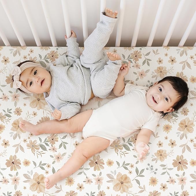 Konssy Muslin Fitted Crib Sheets 100% Cotton Baby Crib Sheets for Standard Crib Mattress (28 X 52 Inches), Soft and Breathable for Boys, Girls (Flowers)