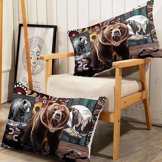 AILONEN Roaring Bear Fitted Sheet Set Twin Size, Rustic Cabin Bed Sheet Set,Wildlife Bedding Grey Bear Plaid Sheet Set,3 Pieces Teen Men Boys Bed Sheet Set,1 Fitted Sheet with 2 Pillowcases