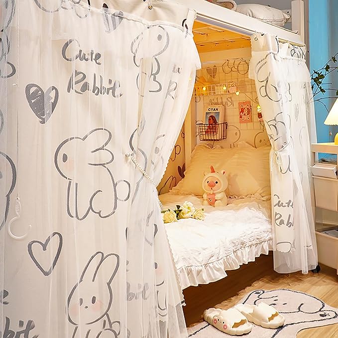 Beautiful Gauze Bunk Bed Curtains Drapes with Lace Privacy Bed Canopy for Bottom, 2 Panels, Rabbit