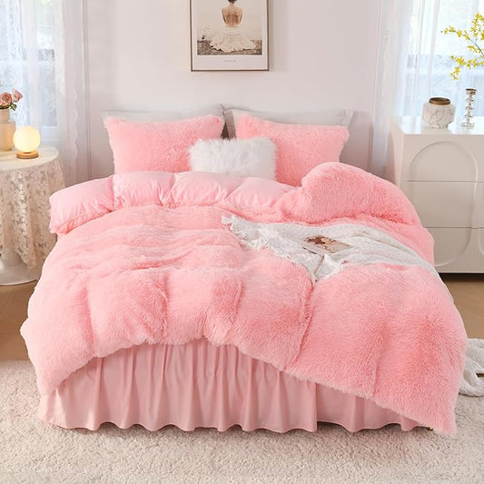 Litanika Fluffy Pink Comforter King Size, Luxury Shaggy Faux Fur Bedding Set Cute for Women Girls, Ultra Soft Velvet Plush Comforter King Bed 3 Pieces(1 Fuzzy Comforter 104×90 Inch, 2 Pillowcases)