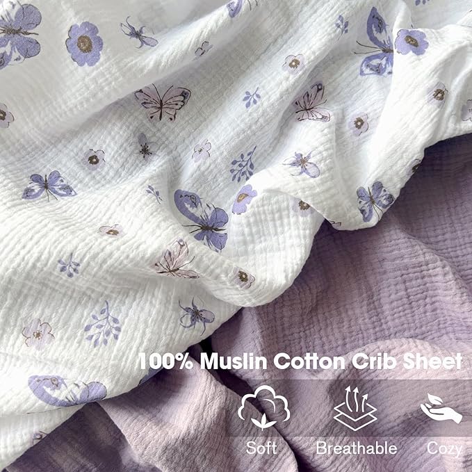 Muslin Crib Sheets, 2pk Neutral Fitted Baby Toddler Bed Sheets for Standard Crib Mattress & Toddler Bed Mattress, 28 x 52 inches, Purple Butterfly