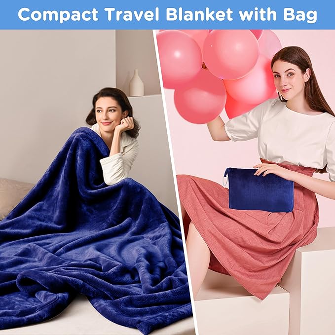 ATsense Travel Blanket Pillow, Premium 2 in 1 Soft Airplane Blanket Compact with Bag Pillowcase, Hand Luggage Sleeve and Backpack Clip - Travel Essentials for Long Trips, Flying and Car, Navy Blue
