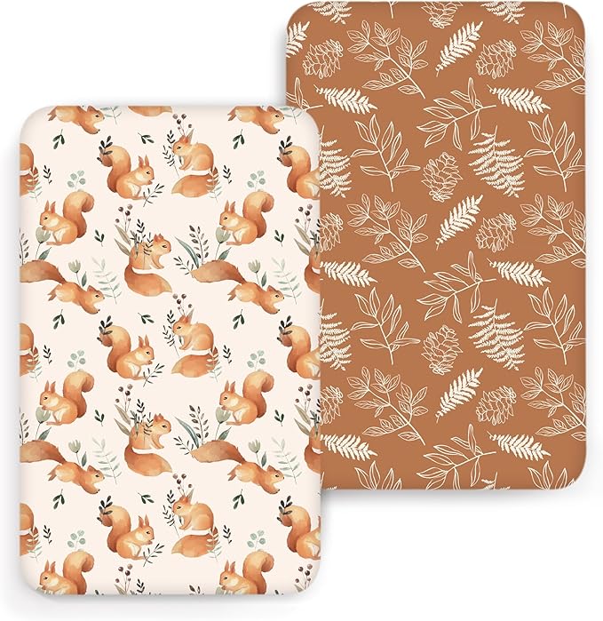 ACRABROS Crib Sheets for Girl Boy: Stretchy Baby Fitted Crib Mattress Sheets Sets 2 Pack Standard Size Ultra Soft Neutral, Squirrel&Leaf