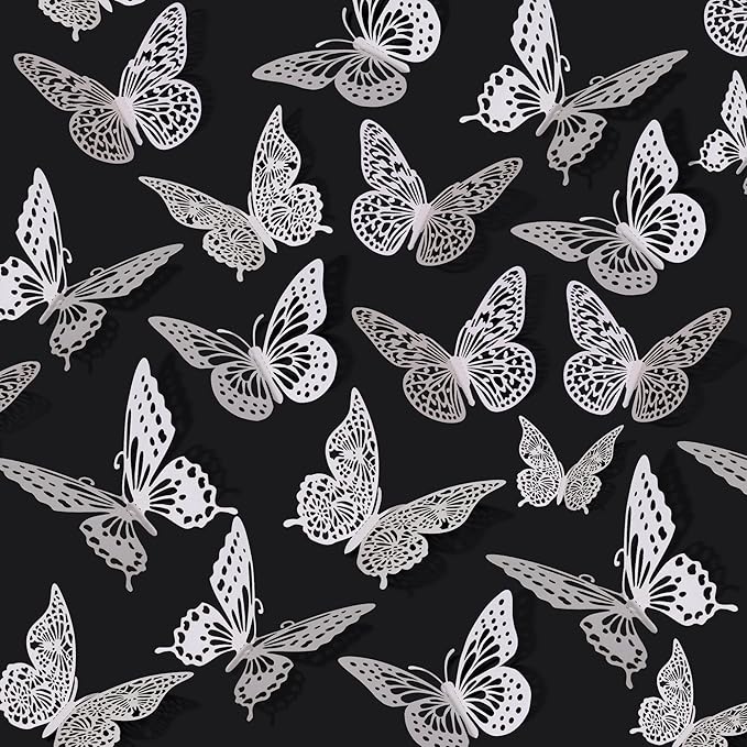 SAOROPEB 3D Butterfly Wall Decor 48 Pcs 4 Styles 3 Sizes, White Butterfly Birthday Decorations Butterfly Party Decorations Butterfly Cake Decorations-Removable Butterfly Stickers (Pearl White)